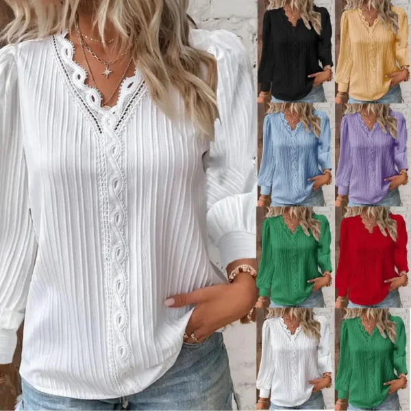 Chemise en mousseline de soie à col en V pour femmes, pull à manches longues, haut d'automne simple, chemisier de rue élégant, coutures en dentelle