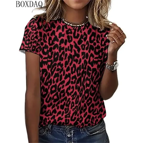 T-shirt manches courtes col rond femme, estival et décontracté avec impression 3D léopard, à la mode – Image 2