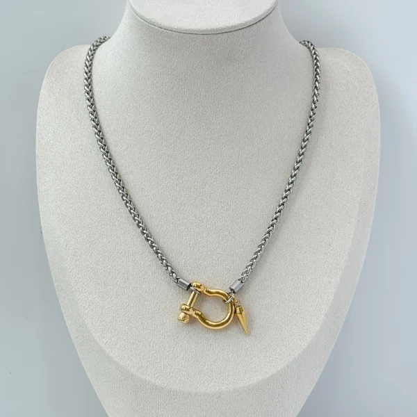 Collier Ras du Cou en Acier Inoxydable Plaqué Or 18K, Bijoux Étanches, Deux Tons, Fer à Cheval, YF3383 – Image 4