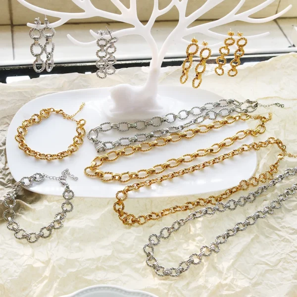 Ensemble de bijoux en acier inoxydable pour hommes et femmes, ULde document argentée, collier JOBracelet, boucle d'oreille, ULtorsadée cubaine JOBracelet – Image 6