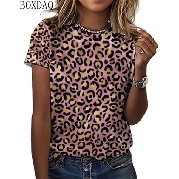 T-shirt manches courtes col rond femme, estival et décontracté avec impression 3D léopard, à la mode – Image 3