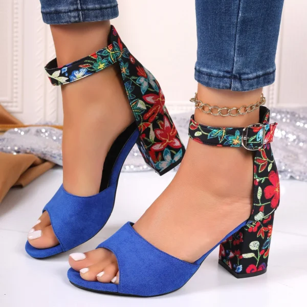 Sandales hautes, Talons carrés pour femmes, chaussures d'été vintage, imprimé fleuri. – Image 4