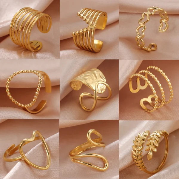 Bagues ouvertes en acier inoxydable pour femmes, coeur géométrique, réglable, esthétique, bijoux de fête.