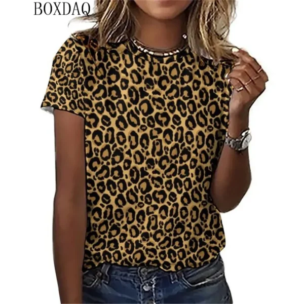 T-shirt manches courtes col rond femme, estival et décontracté avec impression 3D léopard, à la mode – Image 6