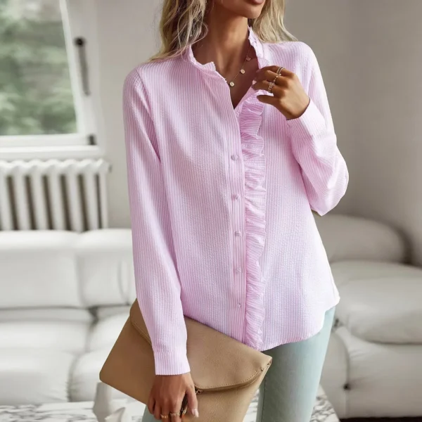Chemise à manches longues pour femme, haut boutonné, bord à volants, transfrontalier. – Image 3