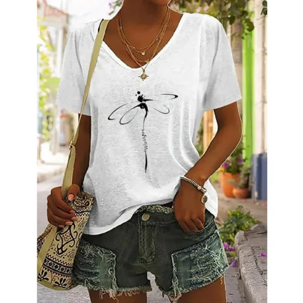 T-shirt imprimé libellule pour femmes, chemisier décontracté à col V, pulls pour filles, vêtements minimalistes, été