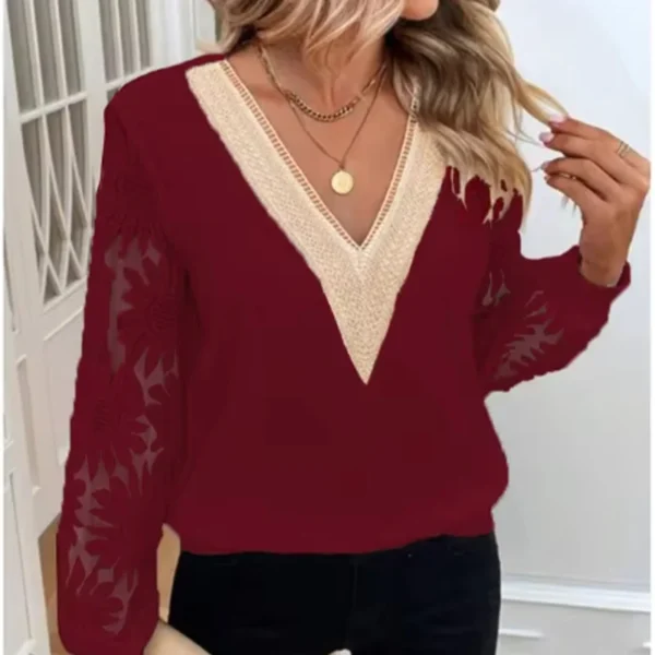 Chemisier à manches longues et col en V pour femme, chemise évidée, haut élégant, automne – Image 2