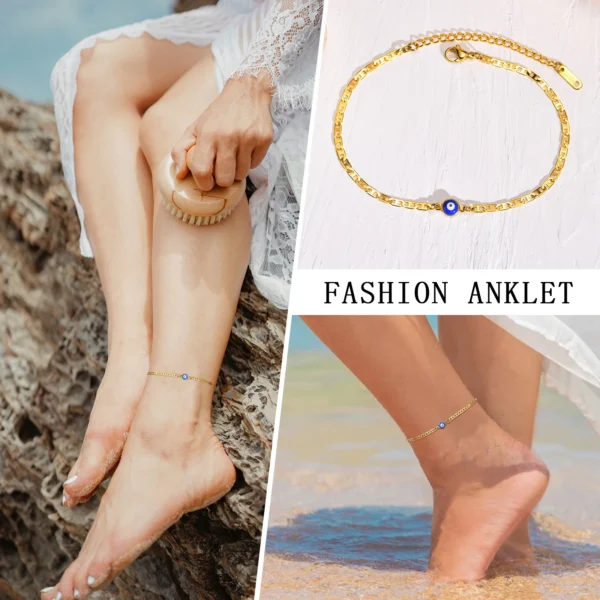 Bracelets de cheville à breloques œil bleu pour femme, bijoux en acier inoxydable, amulette pieds nus, document doré, plat Marina, nouveau – Image 3