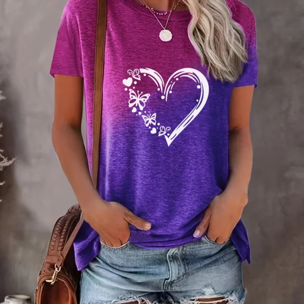 T-shirt imprimé cœur pour femme, haut à la mode, t-shirts respirants, chemisier à col rond, design original, vêtements d'été, nouveau style, 2024 – Image 2