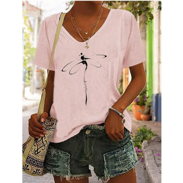 T-shirt imprimé libellule pour femmes, chemisier décontracté à col V, pulls pour filles, vêtements minimalistes, été – Image 4