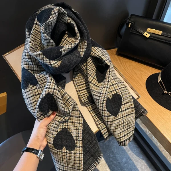 Écharpe en cachemire double face pour femme, cœur d'amour, longue écharpe épaisse pour femme, étole à carreaux, hijab chaud.