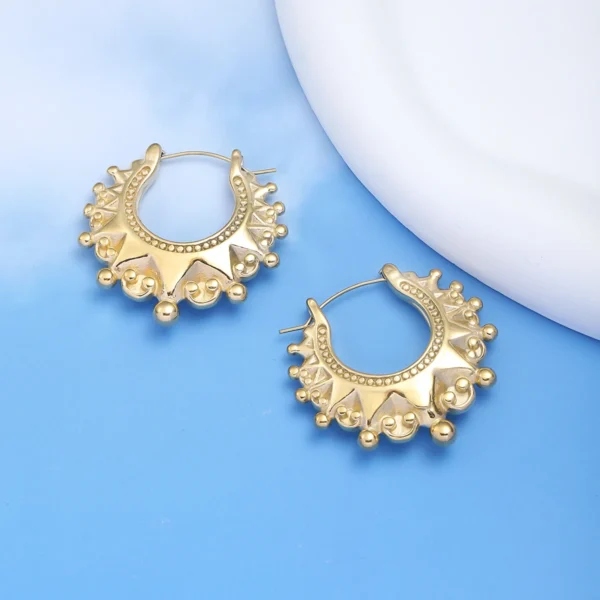 Boucles d'oreilles créoles géométriques en acier inoxydable plaqué or pour dames, clou en forme de U, bijoux charmants, cadeau complexe – Image 3