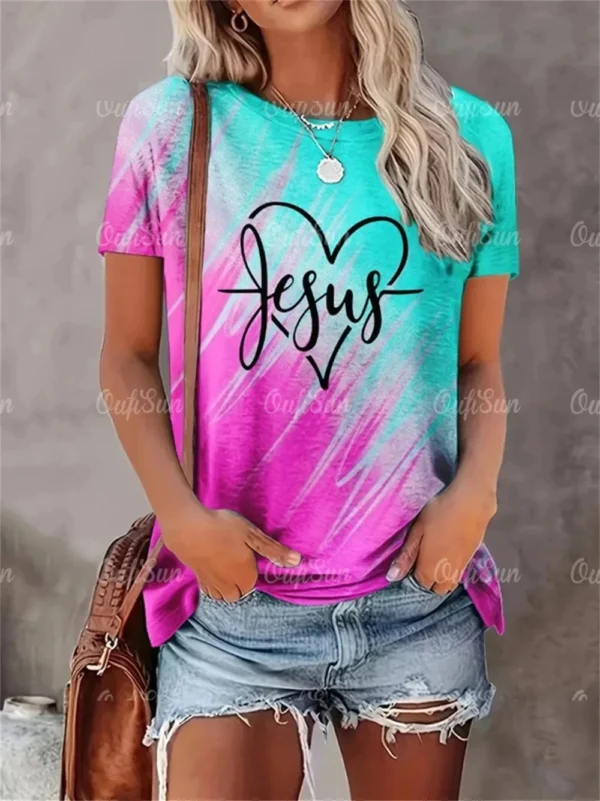 T-shirt imprimé cœur pour femme, haut à la mode, t-shirts respirants, chemisier à col rond, design original, vêtements d'été, nouveau style, 2024 – Image 3