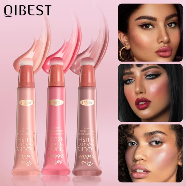 QIBEST Contour liquide avec applicateur coussiné – Fard à joues liquide crémeux et surligneur avec finition chatoyante naturelle