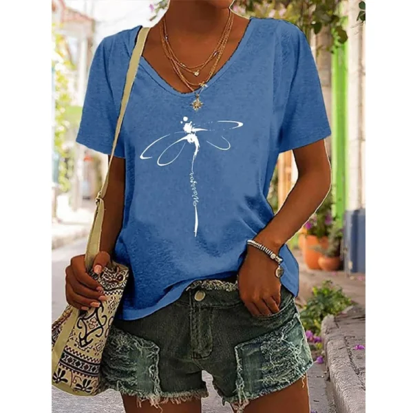 T-shirt imprimé libellule pour femmes, chemisier décontracté à col V, pulls pour filles, vêtements minimalistes, été – Image 5