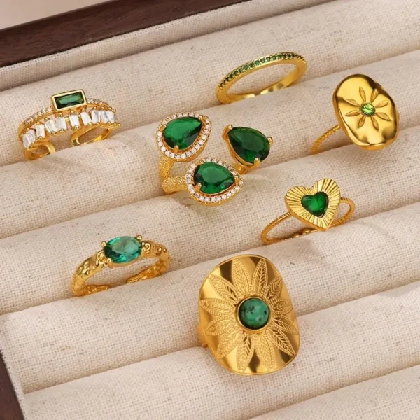 Bague de mariage vintage en acier inoxydable pour femme, bijoux esthétiques, cadeau réglable, vert, cubique, document doré