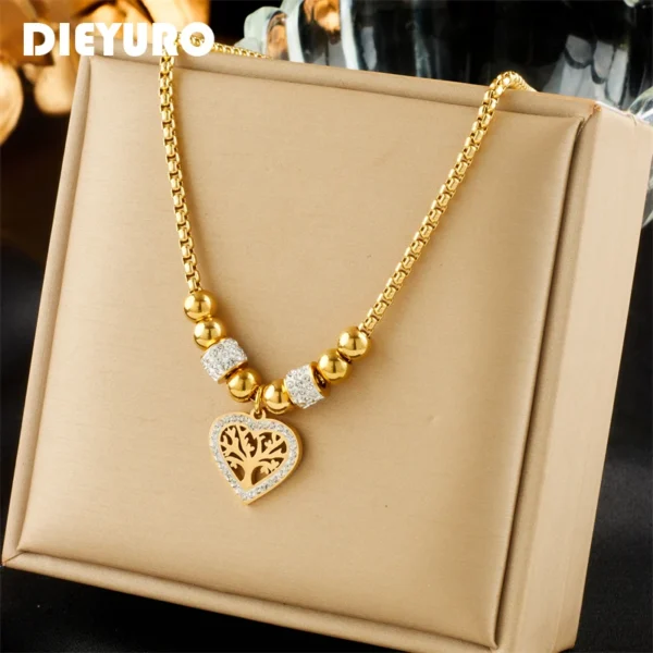 Collier pendentif arbre en forme de cœur en acier inoxydable pour femme, tour de cou en perles.