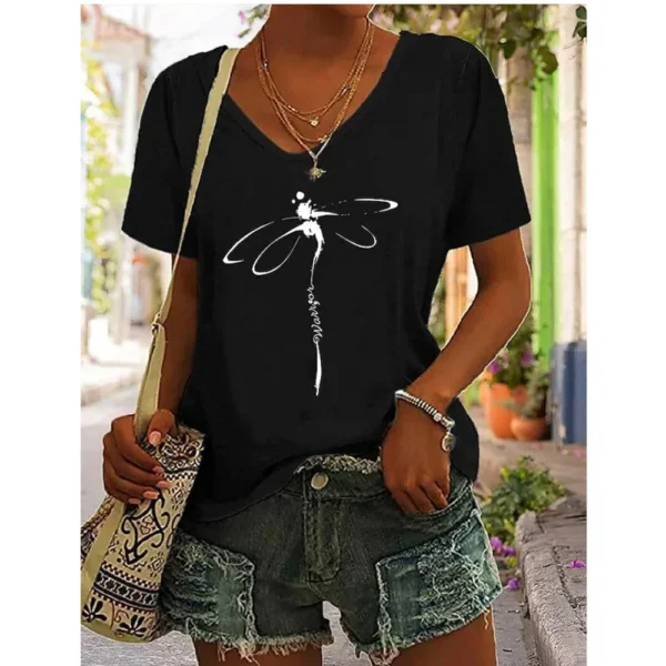 T-shirt imprimé libellule pour femmes, chemisier décontracté à col V, pulls pour filles, vêtements minimalistes, été – Image 2