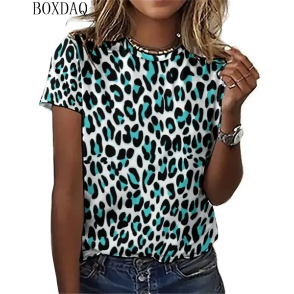 T-shirt manches courtes col rond femme, estival et décontracté avec impression 3D léopard, à la mode – Image 5
