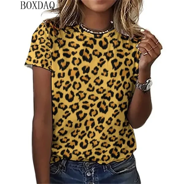 T-shirt manches courtes col rond femme, estival et décontracté avec impression 3D léopard, à la mode – Image 4