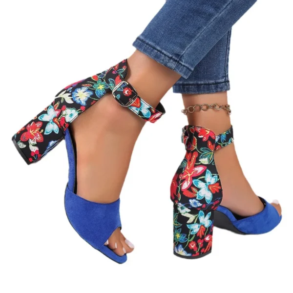 Sandales hautes, Talons carrés pour femmes, chaussures d'été vintage, imprimé fleuri. – Image 5