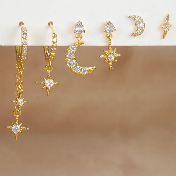 Ensemble de boucles d'oreilles créoles lune pour femme, bijoux piercing au cartilage, pendentif en acier inoxydable, mode cubique, contre-indiqué, 6 pièces
