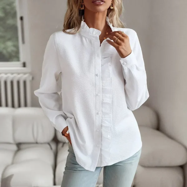 Chemise à manches longues pour femme, haut boutonné, bord à volants, transfrontalier. – Image 2