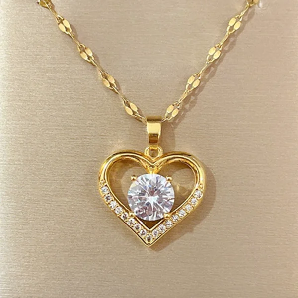 Collier avec pendentif en forme de cœur pour femmes, pierres précieuses artificielles, en acier inoxydable doré.
