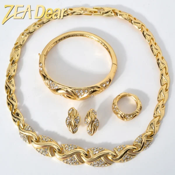 Zea51.4-Ensemble de bijoux en forme de S pour femmes, collier, bracelet, bague, haute qualité, plaqué or 18 carats