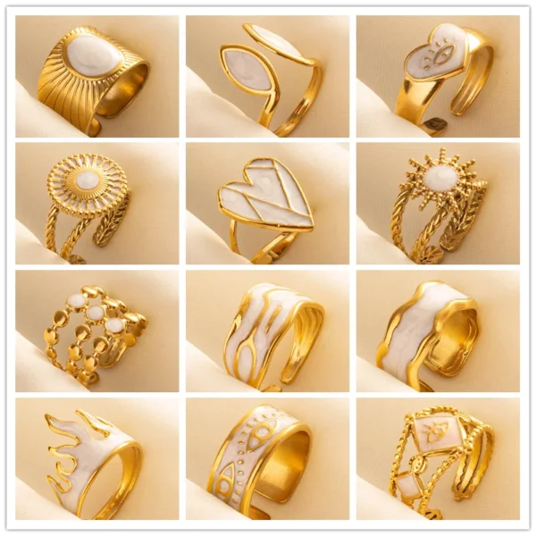 Bague en émail blanc pour hommes et femmes, soleil, lune, étoile, cœur, ailes, matiques en acier inoxydable, bijoux de doigt de style Ins, pas de décoloration, mode