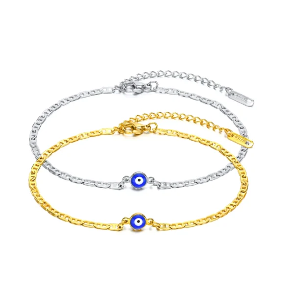 Bracelets de cheville à breloques œil bleu pour femme, bijoux en acier inoxydable, amulette pieds nus, document doré, plat Marina, nouveau – Image 5