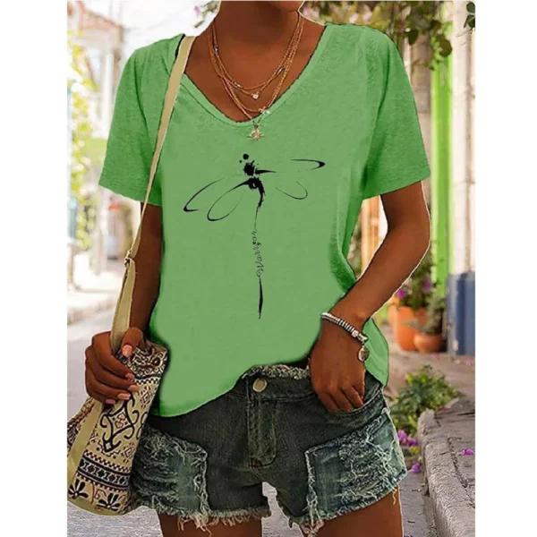 T-shirt imprimé libellule pour femmes, chemisier décontracté à col V, pulls pour filles, vêtements minimalistes, été – Image 3