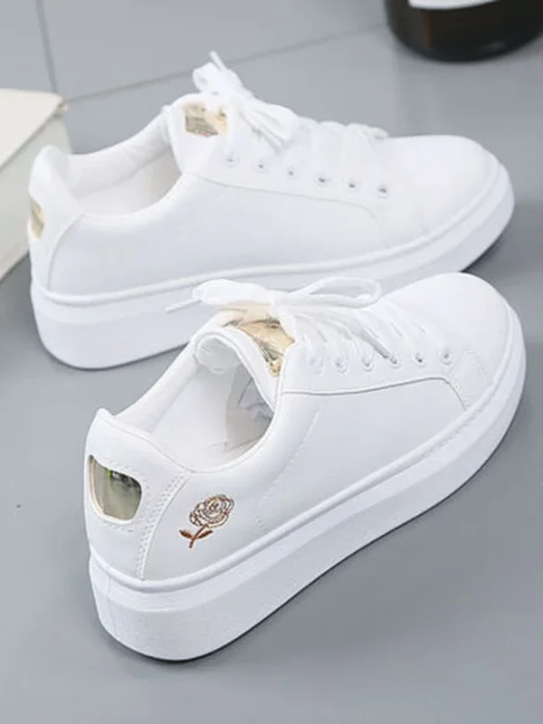 Chaussures de course blanches à lacets brodées de fleurs pour femmes, baskets décontractées respirantes, mode printemps et automne. – Image 5