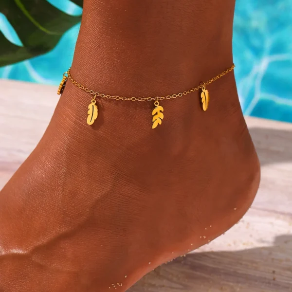 Bracelets de cheville en acier inoxydable pour femmes, style bohème, plume, feuilles, pendentif, simplicité, bijoux, été, bord de mer, plage, cadeaux