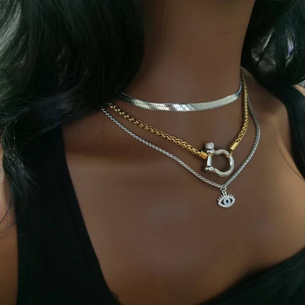 Collier Ras du Cou en Acier Inoxydable Plaqué Or 18K, Bijoux Étanches, Deux Tons, Fer à Cheval, YF3383 – Image 2