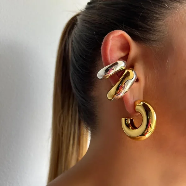 Manchette d'oreille ronde géométrique en acier inoxydable, réinitialisation d'oreille non piercing, Forme C, Optique Bergame, Métal, Punk, Vintage, Chunky – Image 2