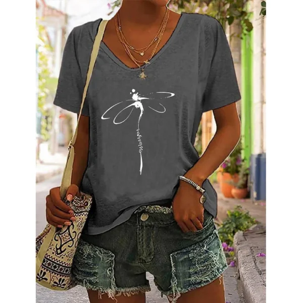 T-shirt imprimé libellule pour femmes, chemisier décontracté à col V, pulls pour filles, vêtements minimalistes, été – Image 6