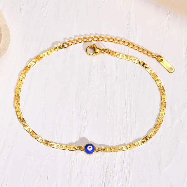 Bracelets de cheville à breloques œil bleu pour femme, bijoux en acier inoxydable, amulette pieds nus, document doré, plat Marina, nouveau – Image 4