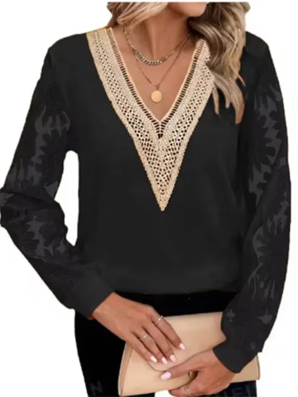 Chemisier à manches longues et col en V pour femme, chemise évidée, haut élégant, automne – Image 3