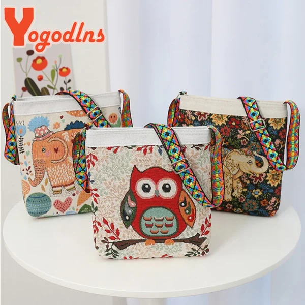 Sac à bandoulière éléphant brodé pour femme, sac à main portable rétro, nylon, décontracté, grande capacité. – Image 2