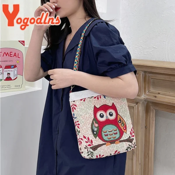 Sac à bandoulière éléphant brodé pour femme, sac à main portable rétro, nylon, décontracté, grande capacité. – Image 4