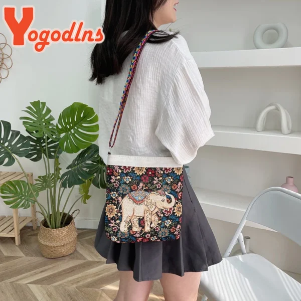 Sac à bandoulière éléphant brodé pour femme, sac à main portable rétro, nylon, décontracté, grande capacité. – Image 3