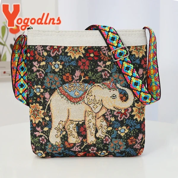 Sac à bandoulière éléphant brodé pour femme, sac à main portable rétro, nylon, décontracté, grande capacité.